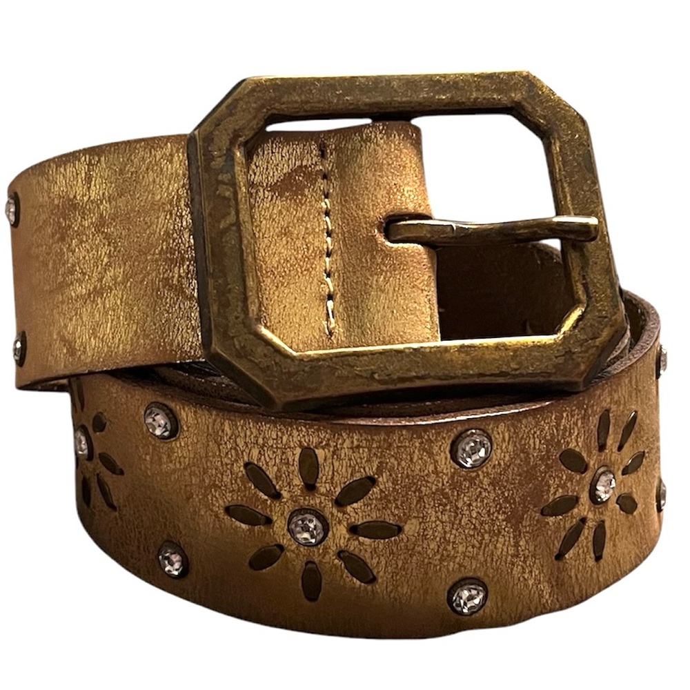 Gold Studded Leather Belt Weathered look rhinestones starburst BOHO M